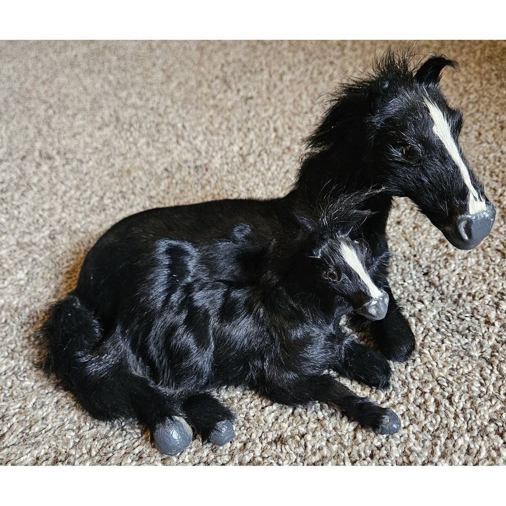 Vintage Mother Horse with Baby Foal Figurine Real Hair‎ High Quality Decor